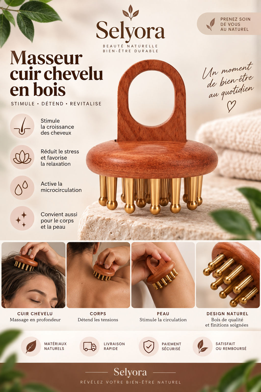 Brosse de massage Selyora en bois et cuivre