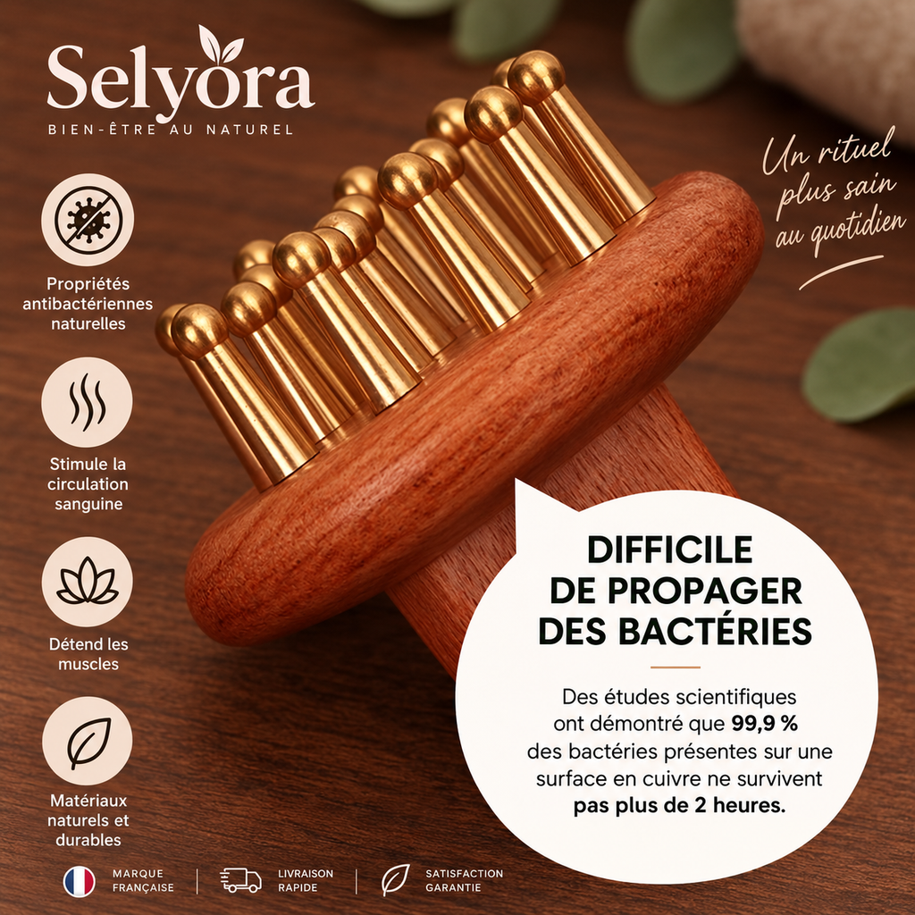 Brosse de massage Selyora en bois et cuivre – vue 2