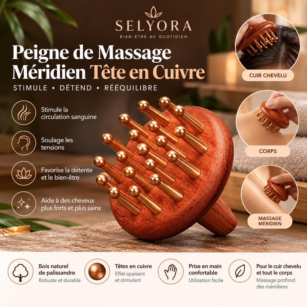 Brosse de massage Selyora en bois et cuivre – vue 3