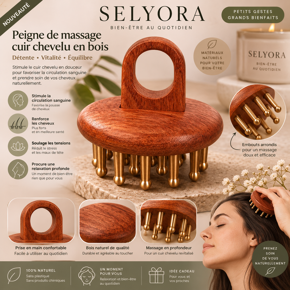 Brosse de massage Selyora en bois et cuivre – vue 4