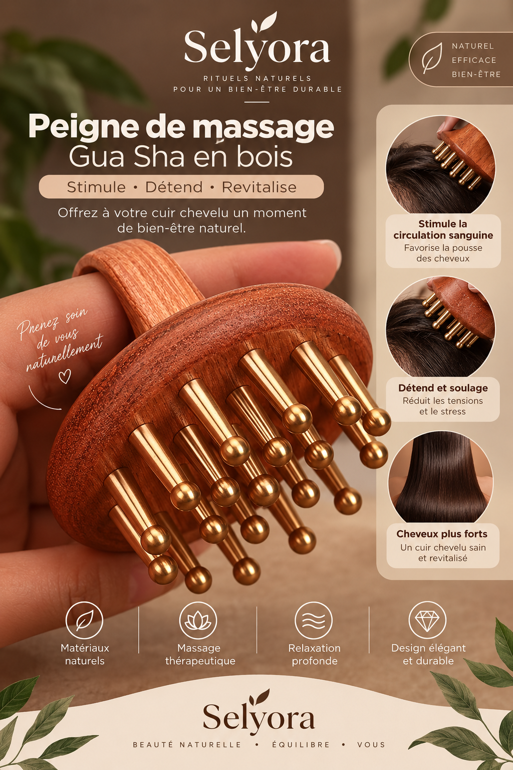 Brosse de massage Selyora en bois et cuivre – vue 5