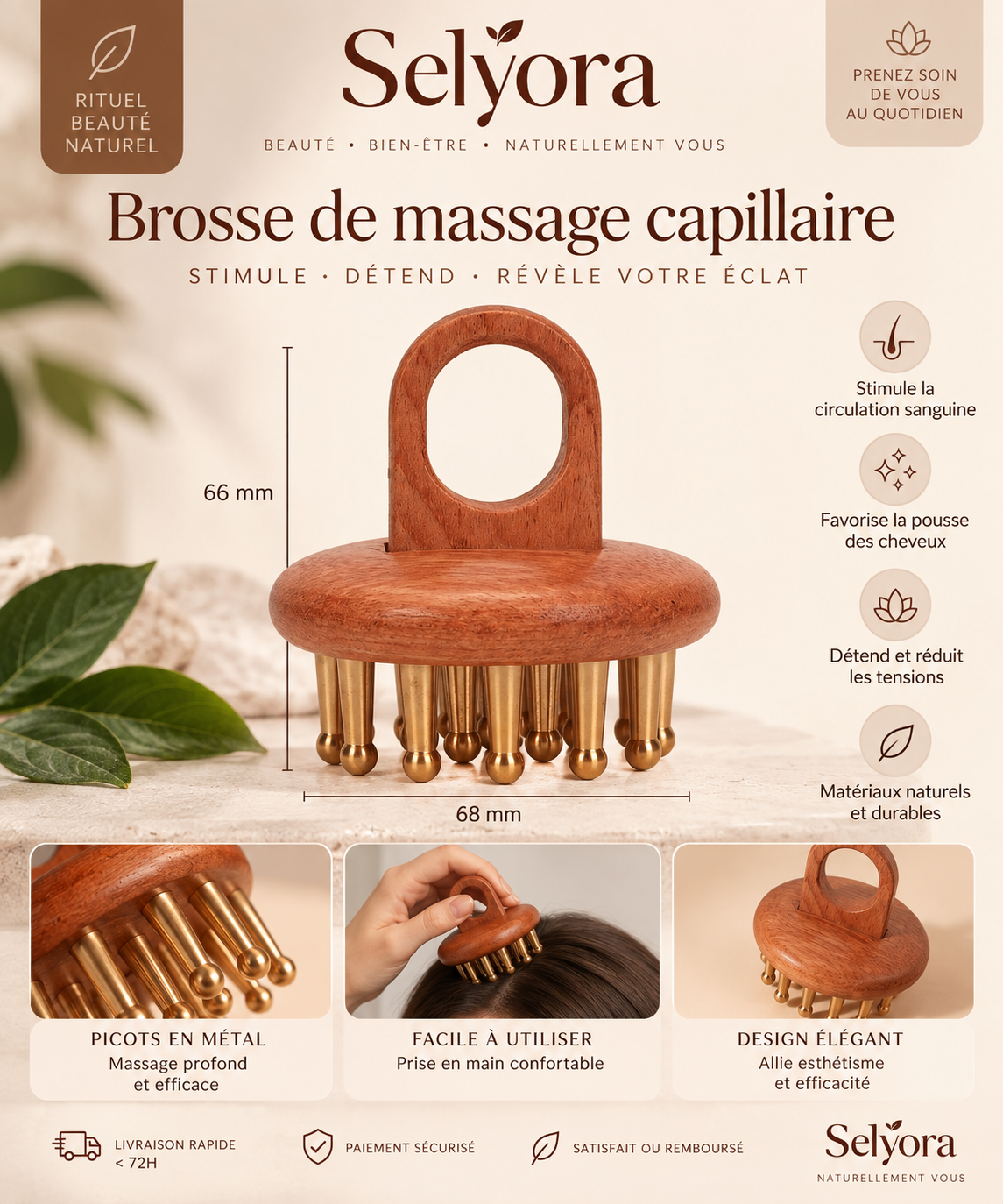 Brosse de massage Selyora en bois et cuivre – vue 6