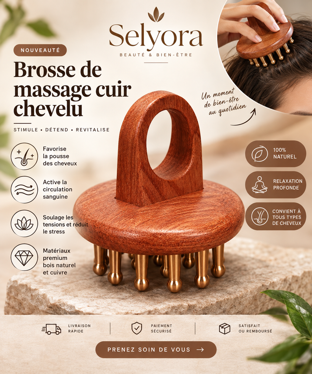 Brosse de massage Selyora en bois et cuivre – vue 7