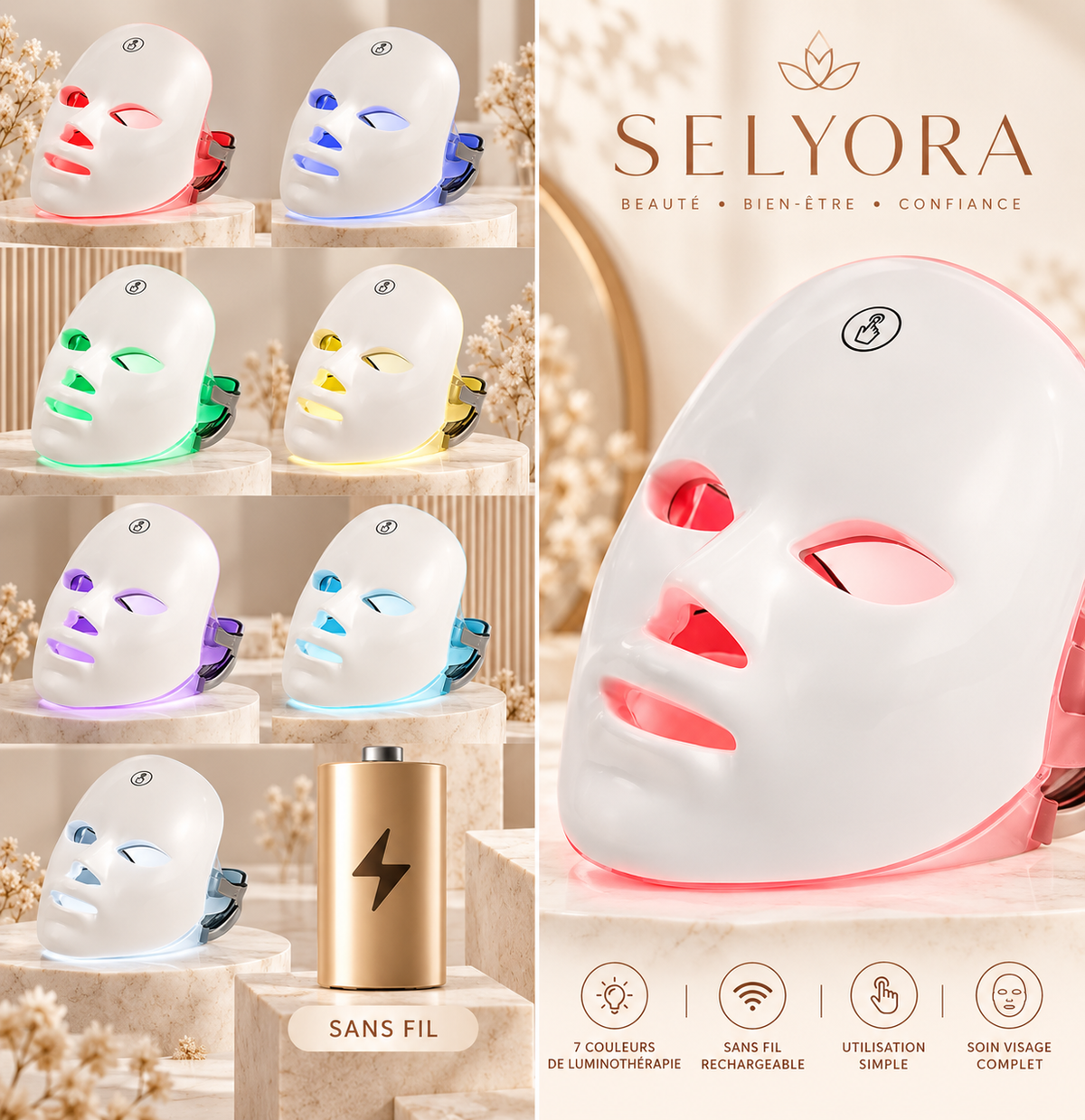 Masque LED visage sans fil Selyora