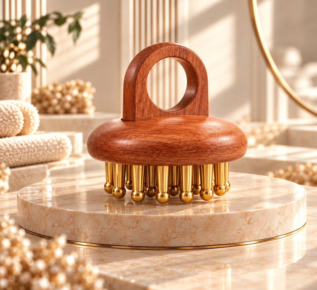Brosse de massage Selyora en bois et cuivre posée sur un socle en marbre