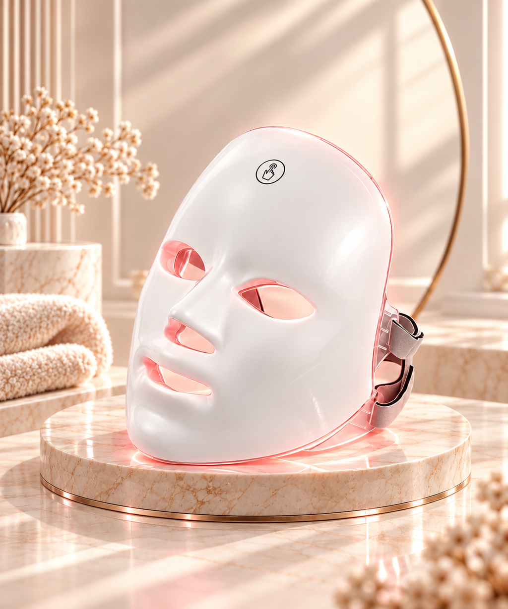 Masque LED visage sans fil Selyora posé sur un socle en marbre